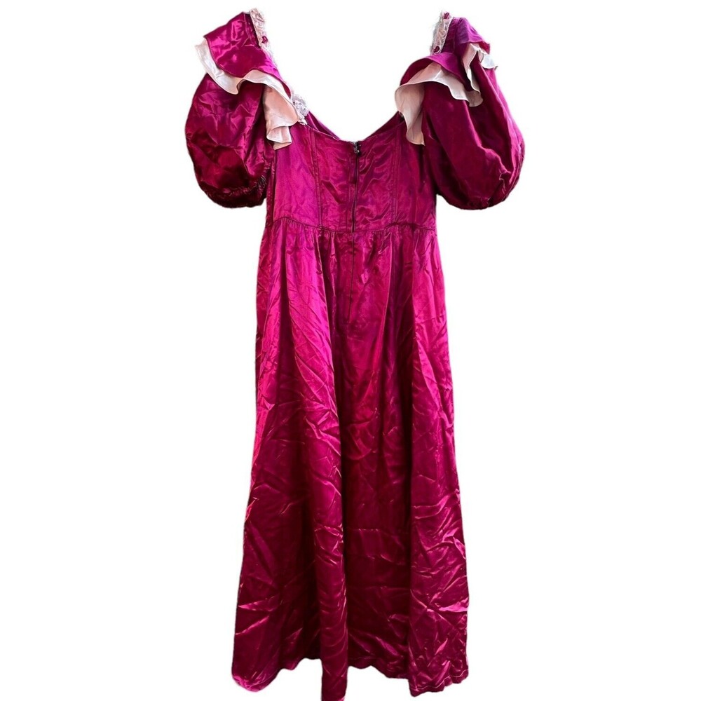 Vintage Gunne Sax Burgundy Satin Pink Lace Short Puff Sleeve Maxi Dress No Size - Picture 10 of 16